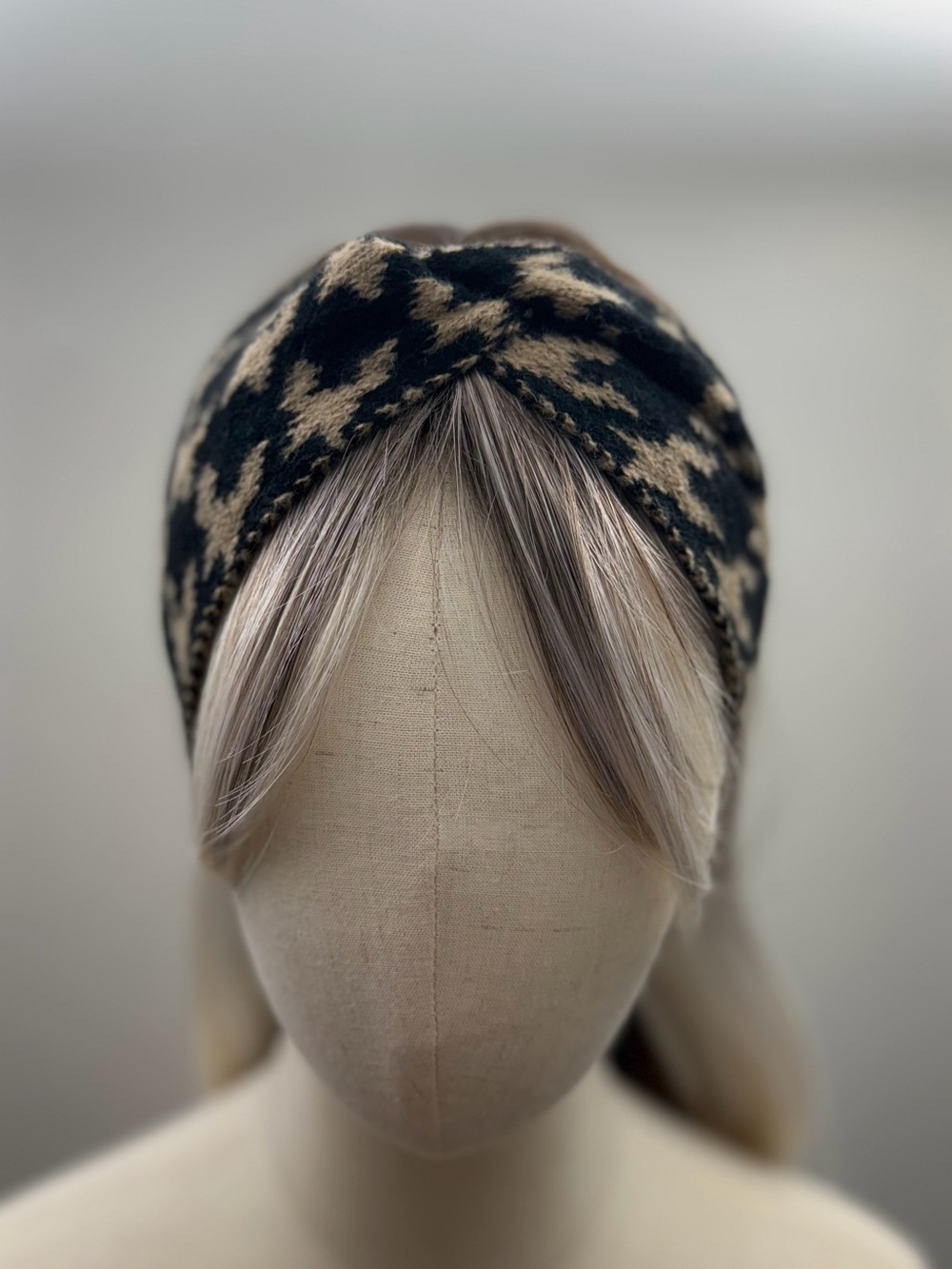 Black Beige Houndstooth Knit Twist Headband Wide Soft Winter Ear Warmer